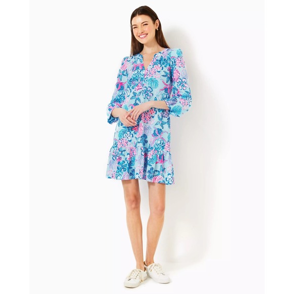 Lilly Pulitzer Dresses & Skirts - Lilly Pulitzer Alyssa Long Sleeve Dress Blue Pink Floral Ruffle Hem Mini XXS